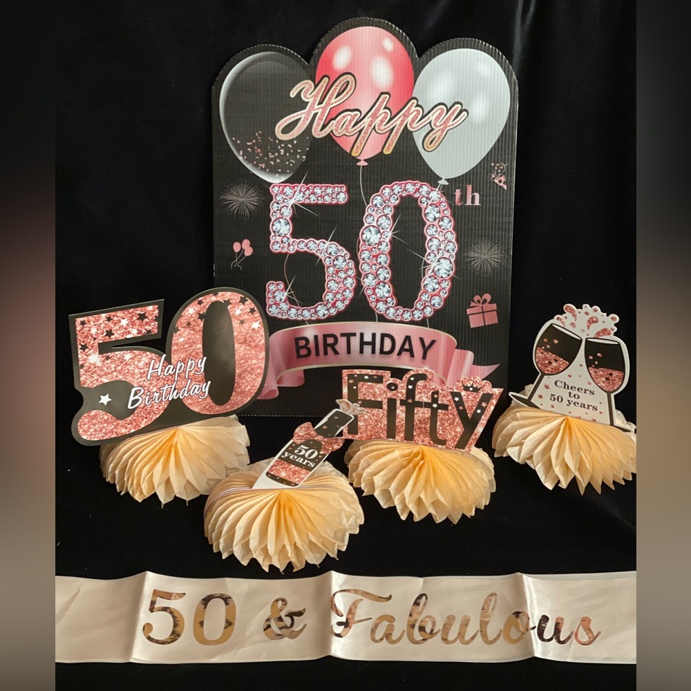 50th Birthday Party Pack. Banner,4 Table Decor,Yard Sign & Birthday Sash.